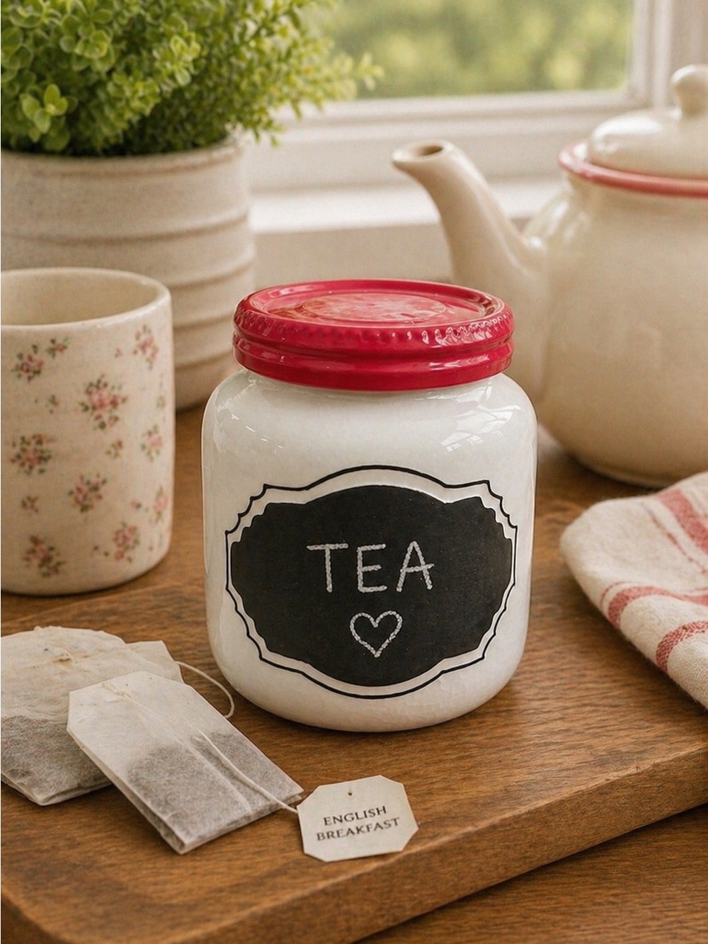Small Anthropologie Biscuit Crackle Ceramic Chalkboard Jar w Red Lid | 3.5”